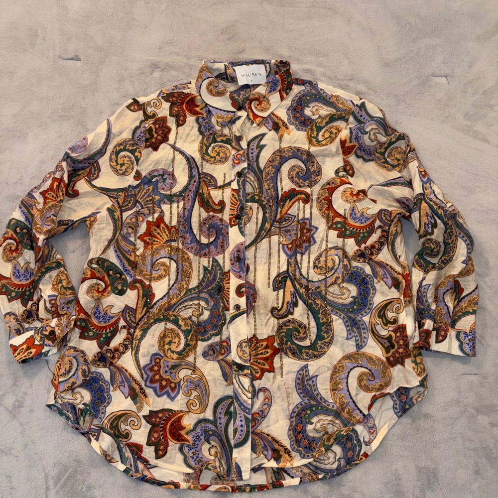Hausen Womens Paisley Print Chain Embroidered Button Down Shirt Large